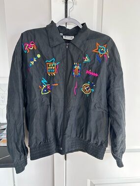 Strictly Silk Vintage 80s Silk Bomber Jacket Black Neon Abstract Embroidered Zip